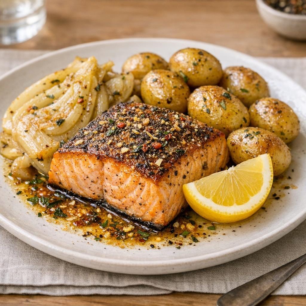 Saumon au four parfumé Mer de Noël — assiette festive avec Mer de Noël