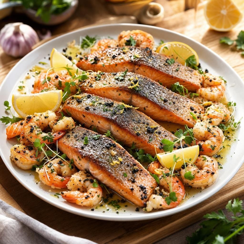 Saumon grillé et crevettes au beurre citronné, touche de Sel noir de lave d'Hawaï avec Sel noir de lave d'Hawaï