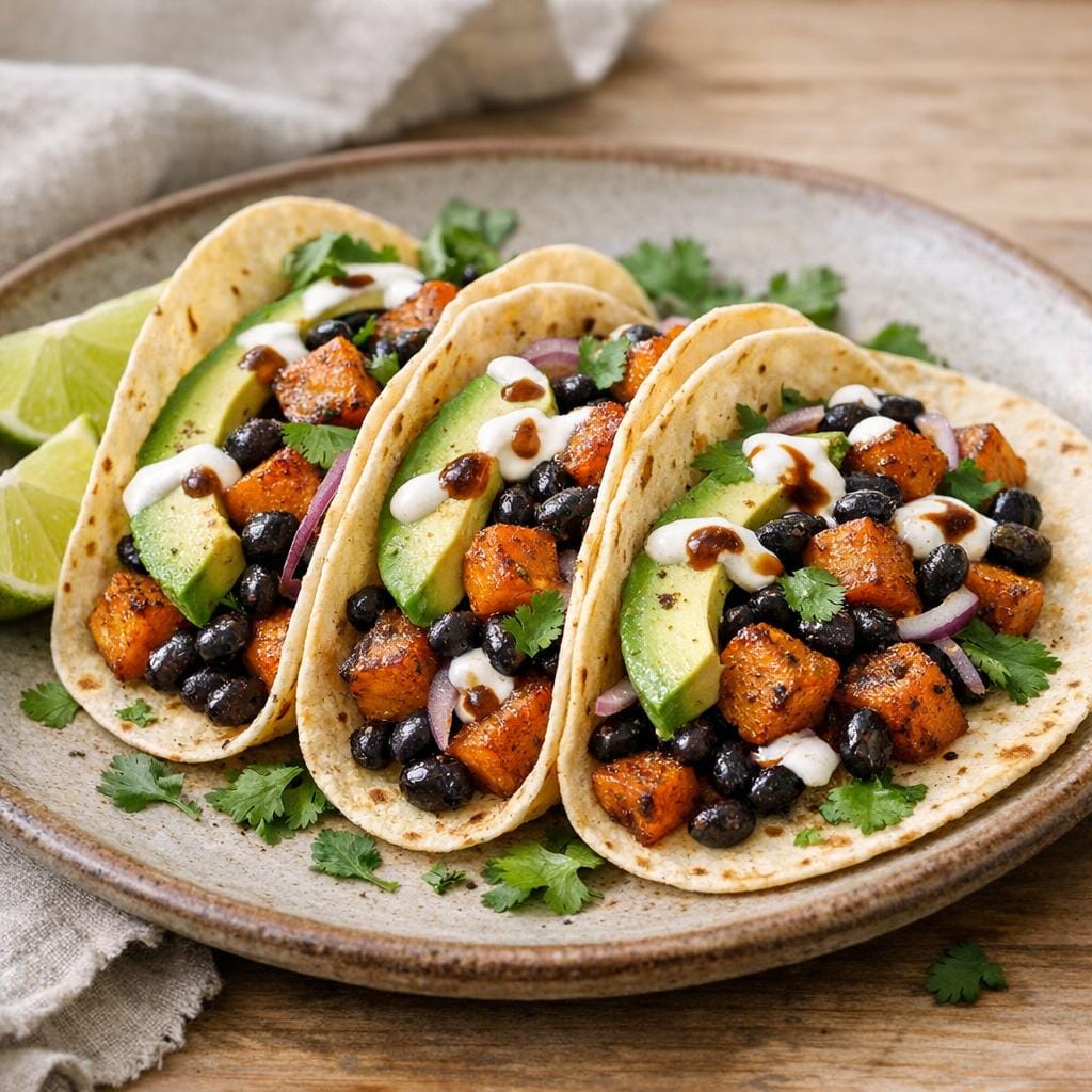 Tacos patate douce rôtie, haricots noirs et Caféinée avec La Caféinée