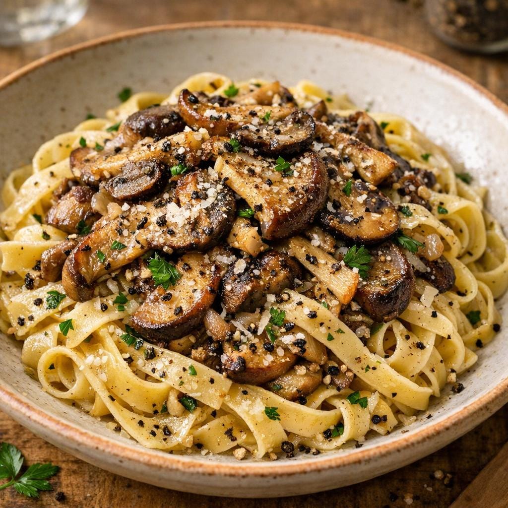 Tagliatelles aux champignons, poivre noir concassé avec Poivre noir concassé