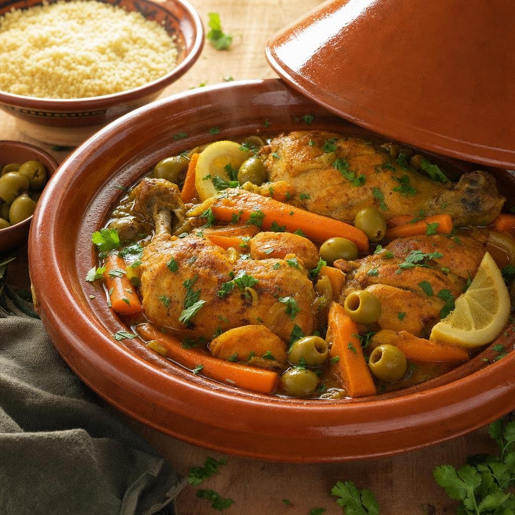 Tajine de poulet aux carottes, olives et citron confit avec Tajine