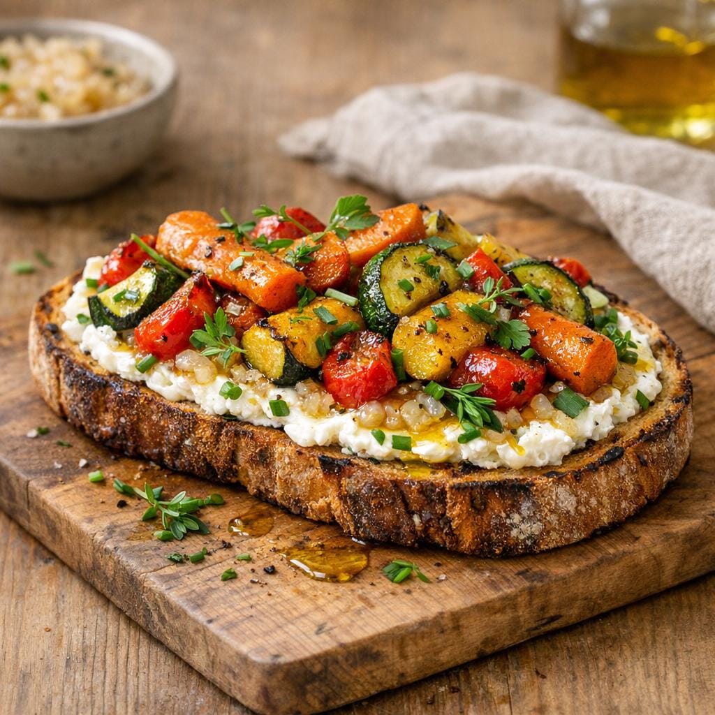 Tartine à l’oignon fermenté, fromage frais et légumes avec Oignon fermenté