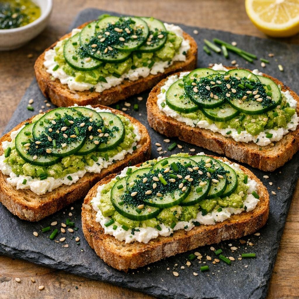 Tartines spiruline avocat et fromage frais pour midi avec Paillettes de spiruline crue déshydratée 100g
