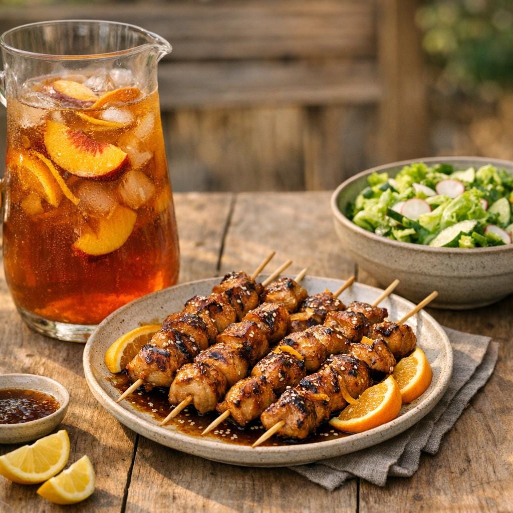 Thé glacé pêche maison et brochettes d’orange avec Thé Glacé Pêche