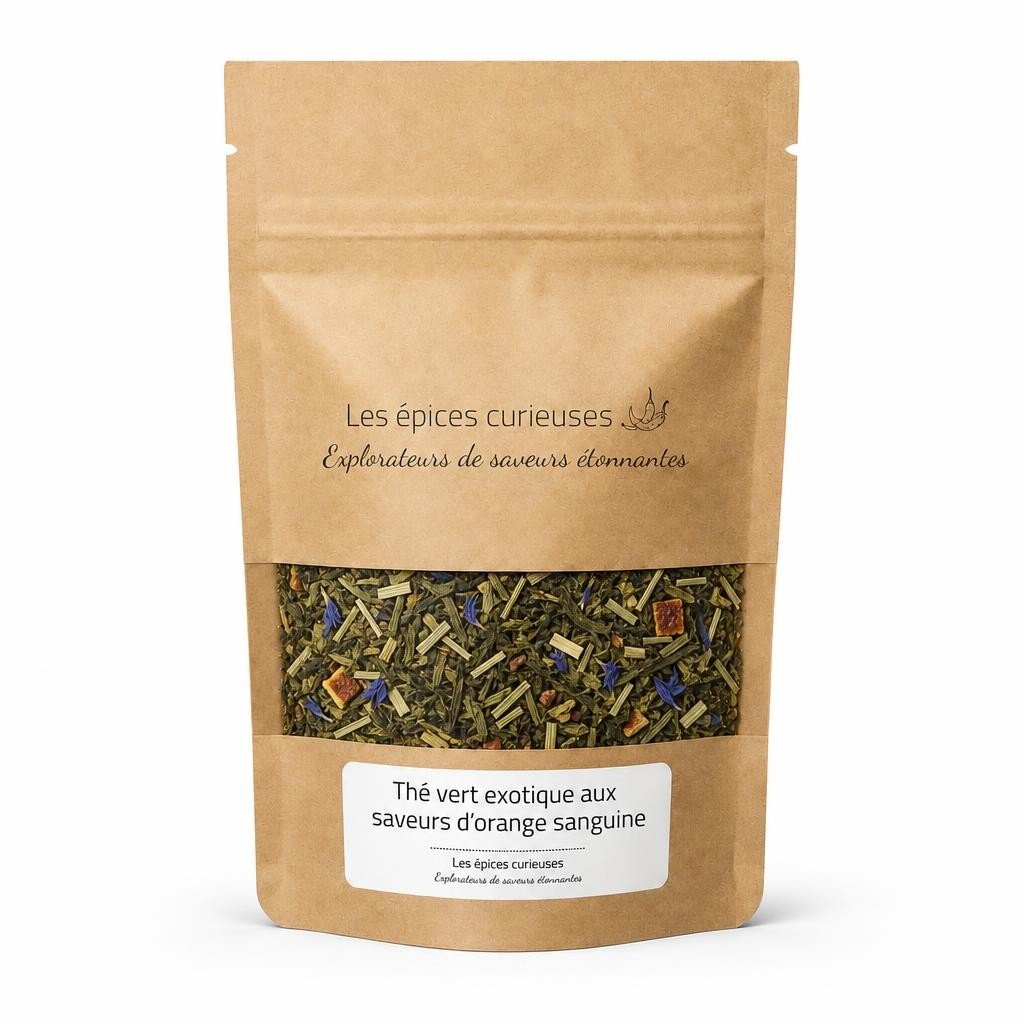 Thé vert exotique aux saveurs d'orange sanguine - Packaging - Les Épices Curieuses