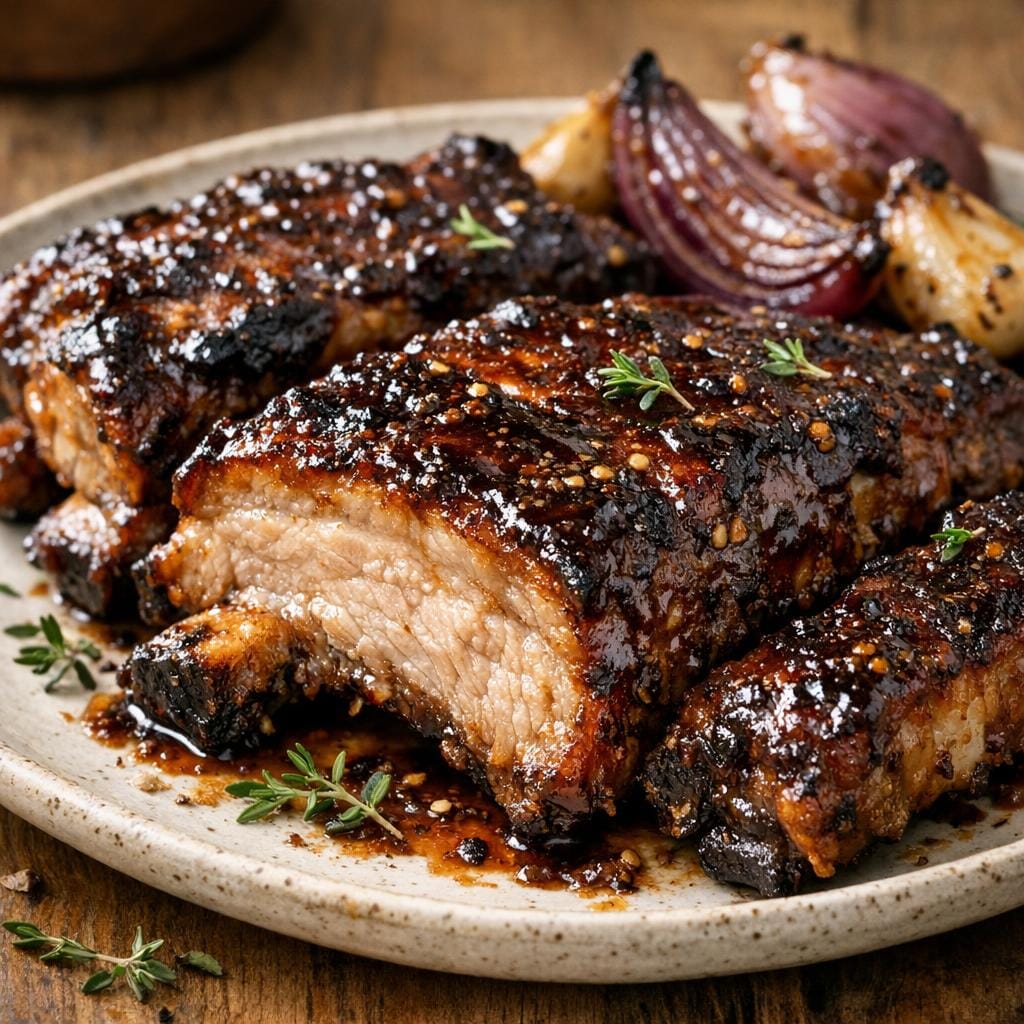 Travers de porc glacés au Sucre brun Muscovado avec Sucre brun Muscovado