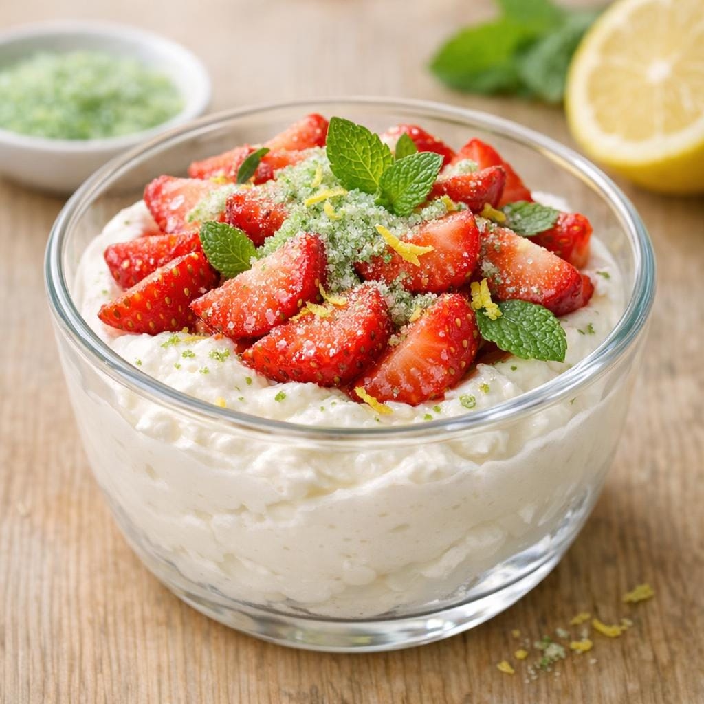 Yaourt aux fraises et sucre à la menthe — Dessert frais avec Sucre à la Menthe
