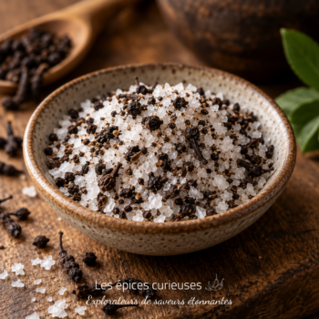 Bol de sel aromatisé aux épices noires sur table en bois, avec cuillère en bois et feuille verte. Parfait pour la cuisine gourmande.